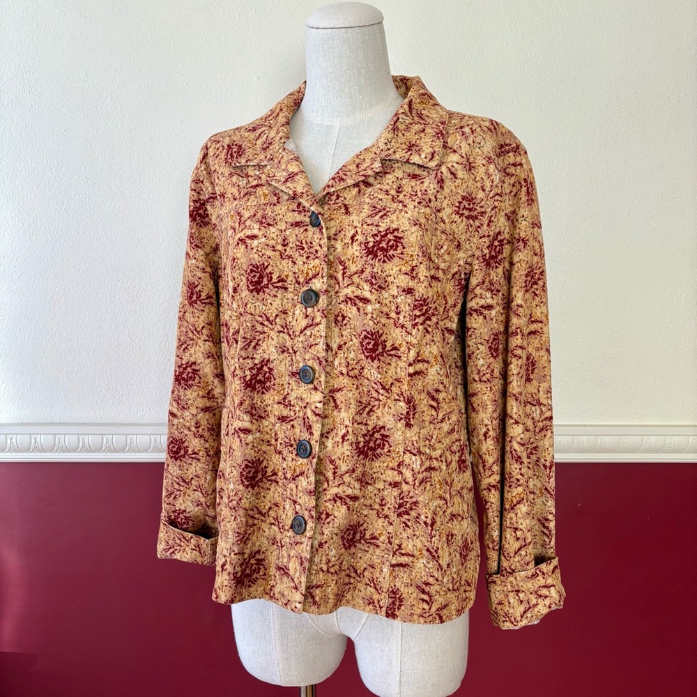 Christopher & Banks‎ gold &. Burgundy floral corduroy light jacket